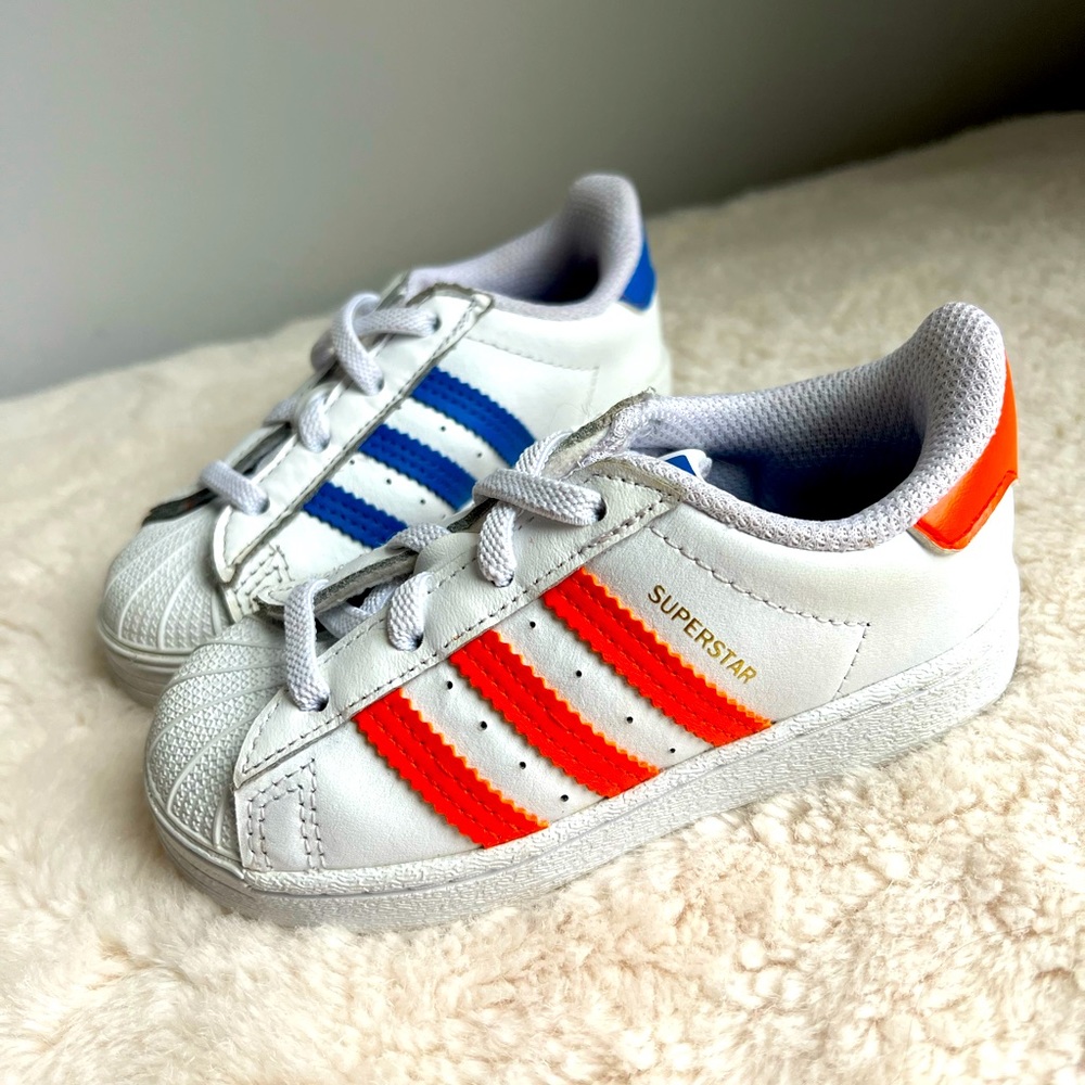 USED Adidas Superstar Toddlers Size 8 orange and blue
